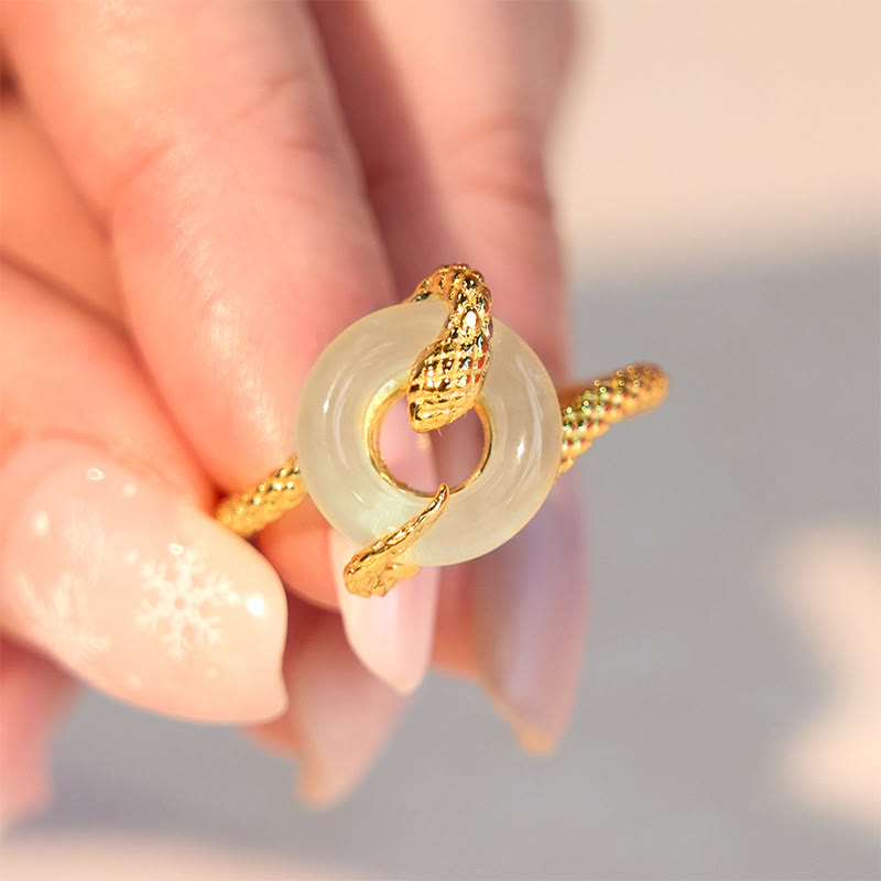 Anillo de armonía del año de la serpiente dorado en plata de ley 925 con hebilla de paz y calcedonia y Buddha Stones