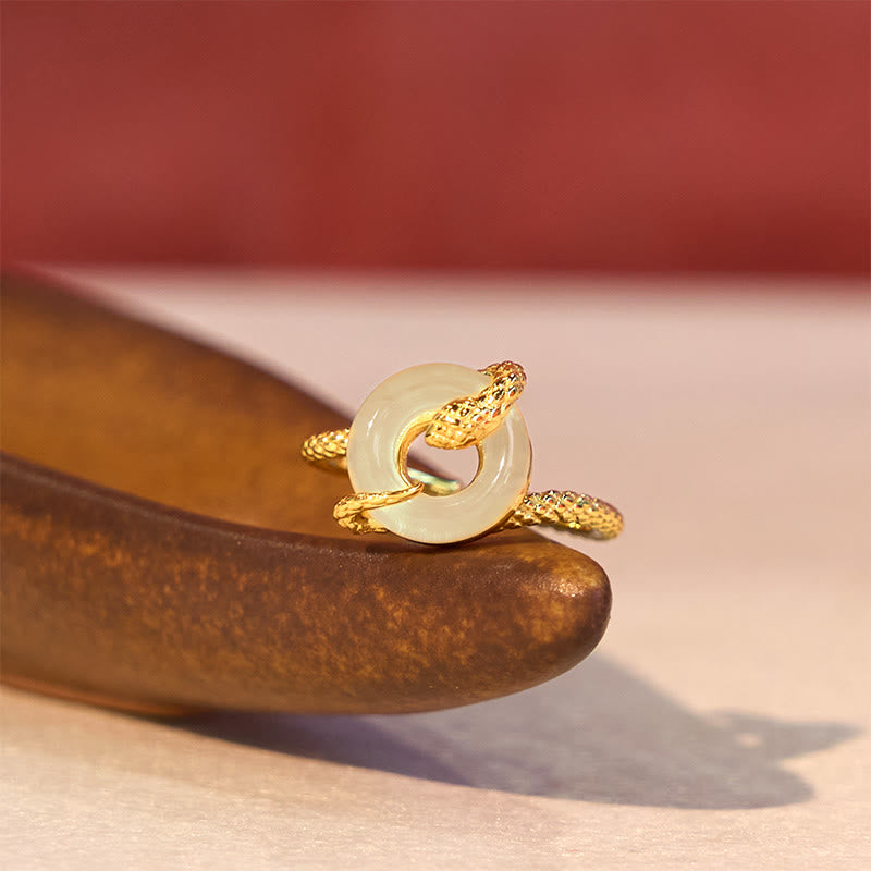 Anillo de armonía del año de la serpiente dorado en plata de ley 925 con hebilla de paz y calcedonia y Buddha Stones