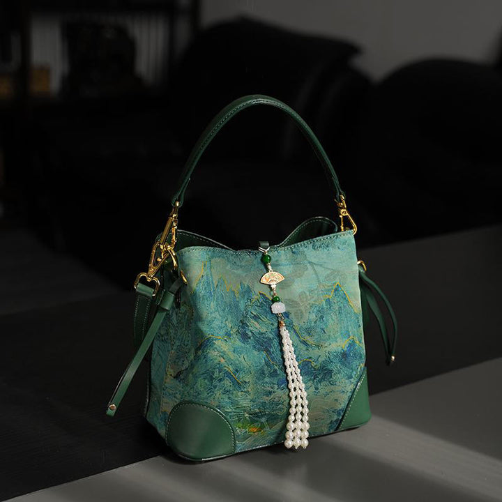 Bolso bandolera de seda Xiangyunsha con borlas de perlas y cuentas de montaña de río Buddha Stones
