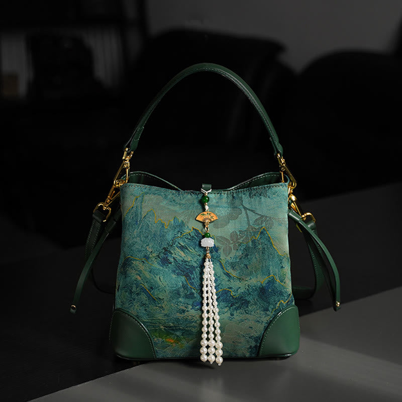 Bolso bandolera de seda Xiangyunsha con borlas de perlas y cuentas de montaña de río Buddha Stones