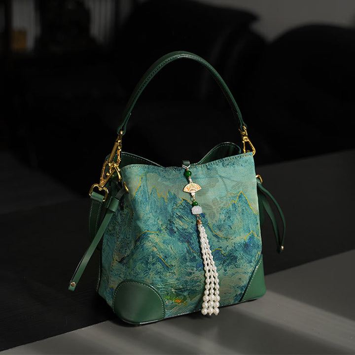 Bolso bandolera de seda Xiangyunsha con borlas de perlas y cuentas de montaña de río Buddha Stones