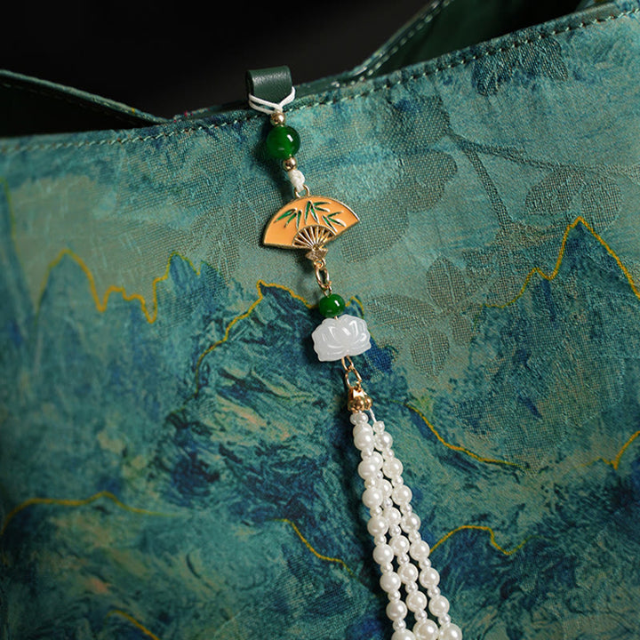 Bolso bandolera de seda Xiangyunsha con borlas de perlas y cuentas de montaña de río Buddha Stones