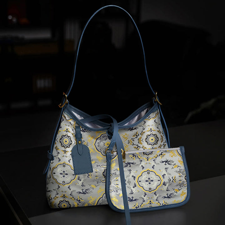 Bolso Buddha Stones con brocado hecho a mano con diseño de flores, grullas, ciervos y mariposas