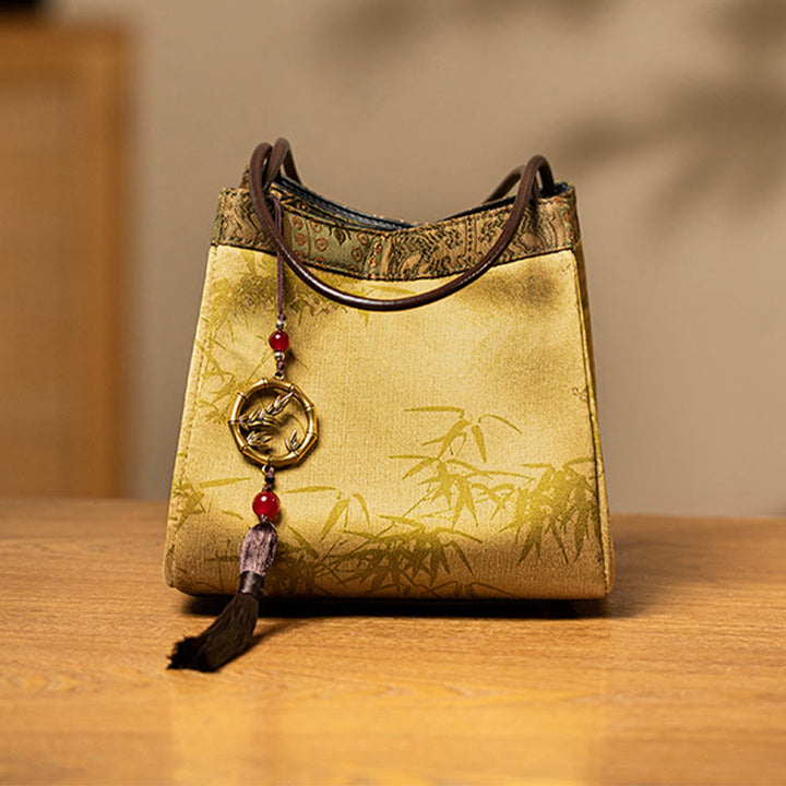 Bolso de Buddha Stones de seda Xiangyunsha con borlas y colgante de cuentas de ramas de bambú y piedras de Buda