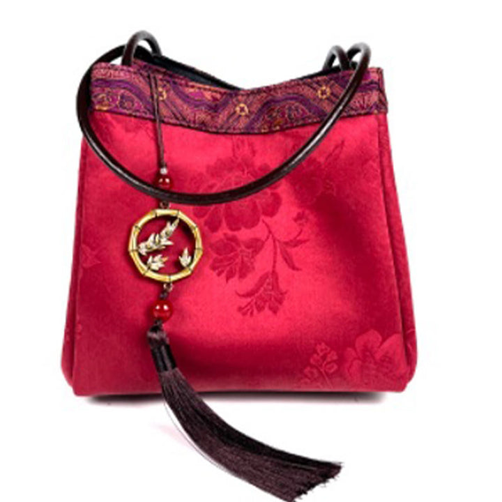 Bolso de Buddha Stones de seda Xiangyunsha con borlas y colgante de cuentas de ramas de bambú y piedras de Buda