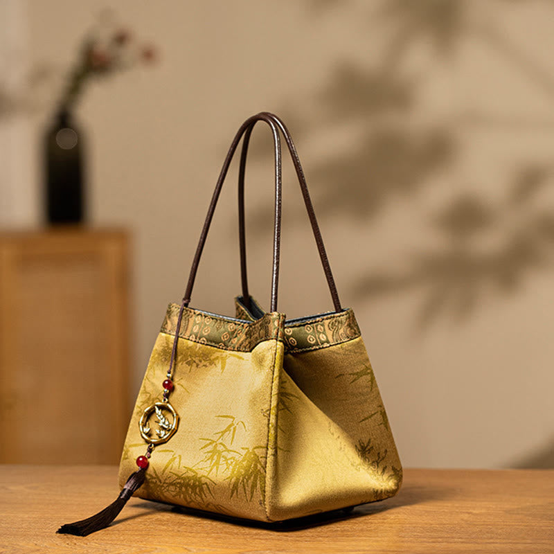 Bolso de Buddha Stones de seda Xiangyunsha con borlas y colgante de cuentas de ramas de bambú y piedras de Buda