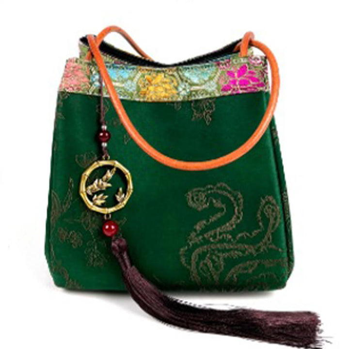 Bolso de Buddha Stones de seda Xiangyunsha con borlas y colgante de cuentas de ramas de bambú y piedras de Buda