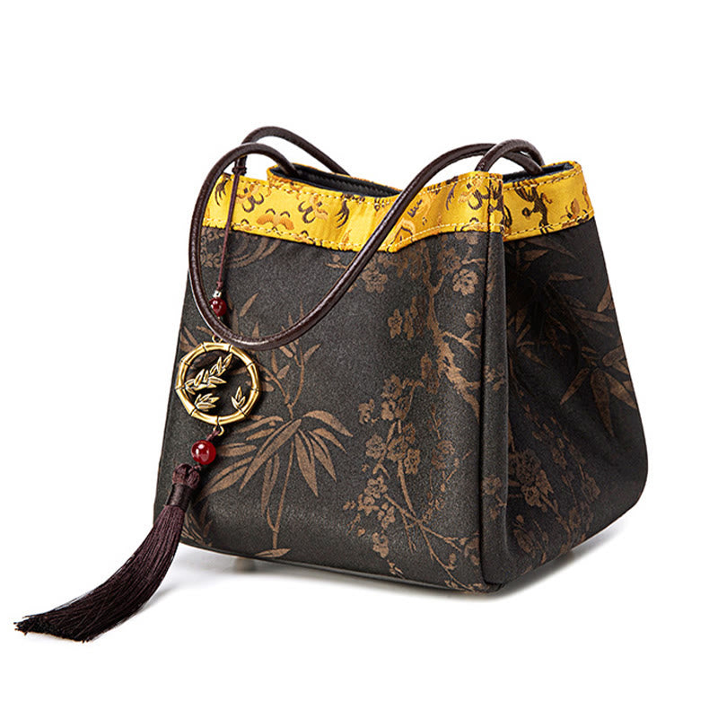 Bolso de Buddha Stones de seda Xiangyunsha con borlas y colgante de cuentas de ramas de bambú y piedras de Buda