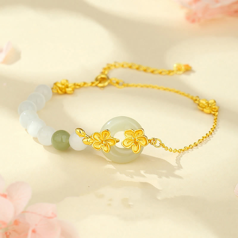 Pulsera de plata de ley 999 con Buddha Stones, jade hetiano crisoberilo y amor - Jade hetiano crisoberilo dorado en plata de ley 999 (circunferencia de la muñeca: 14-19 cm) - image 0