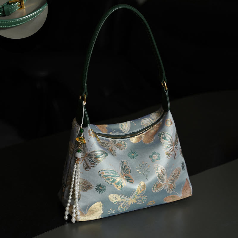 Bolso bandolera con brocado de seda Xiangyunsha con diseño de Buddha Stones, loto, bambú, grulla, ciervo, mariposa, montaña