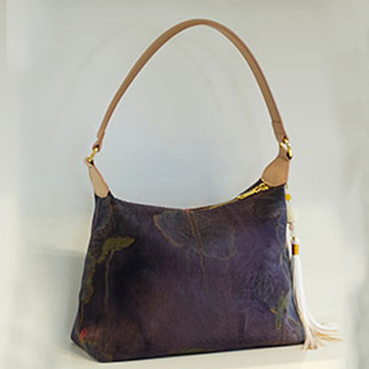 Bolso bandolera con brocado de seda Xiangyunsha con diseño de Buddha Stones, loto, bambú, grulla, ciervo, mariposa, montaña