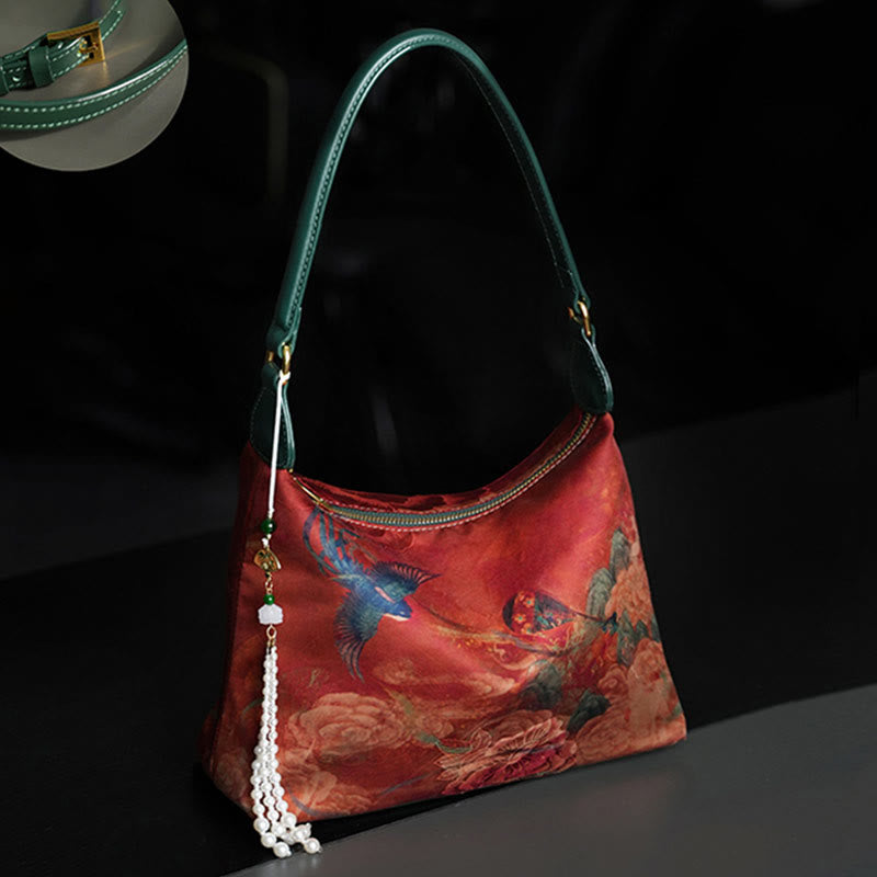 Bolso bandolera con brocado de seda Xiangyunsha con diseño de Buddha Stones, loto, bambú, grulla, ciervo, mariposa, montaña