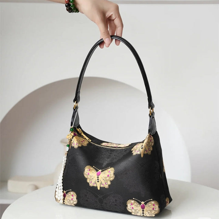 Bolso bandolera con brocado de seda Xiangyunsha con diseño de Buddha Stones, loto, bambú, grulla, ciervo, mariposa, montaña