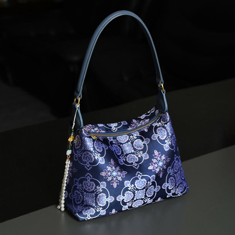 Bolso bandolera con brocado de seda Xiangyunsha con diseño de Buddha Stones, loto, bambú, grulla, ciervo, mariposa, montaña