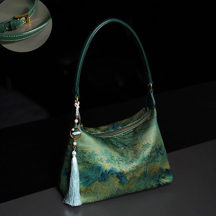 Bolso bandolera con brocado de seda Xiangyunsha con diseño de Buddha Stones, loto, bambú, grulla, ciervo, mariposa, montaña