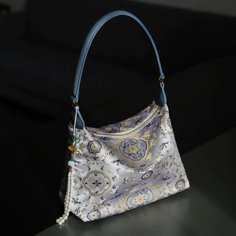 Bolso bandolera con brocado de seda Xiangyunsha con diseño de Buddha Stones, loto, bambú, grulla, ciervo, mariposa, montaña