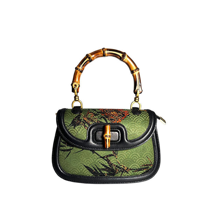 Bolso bandolera de seda Xiangyunsha con asa de bambú y flores Buddha Stones
