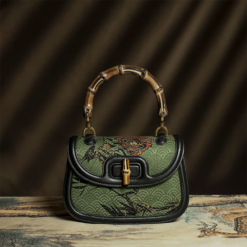 Bolso bandolera de seda Xiangyunsha con asa de bambú y flores Buddha Stones