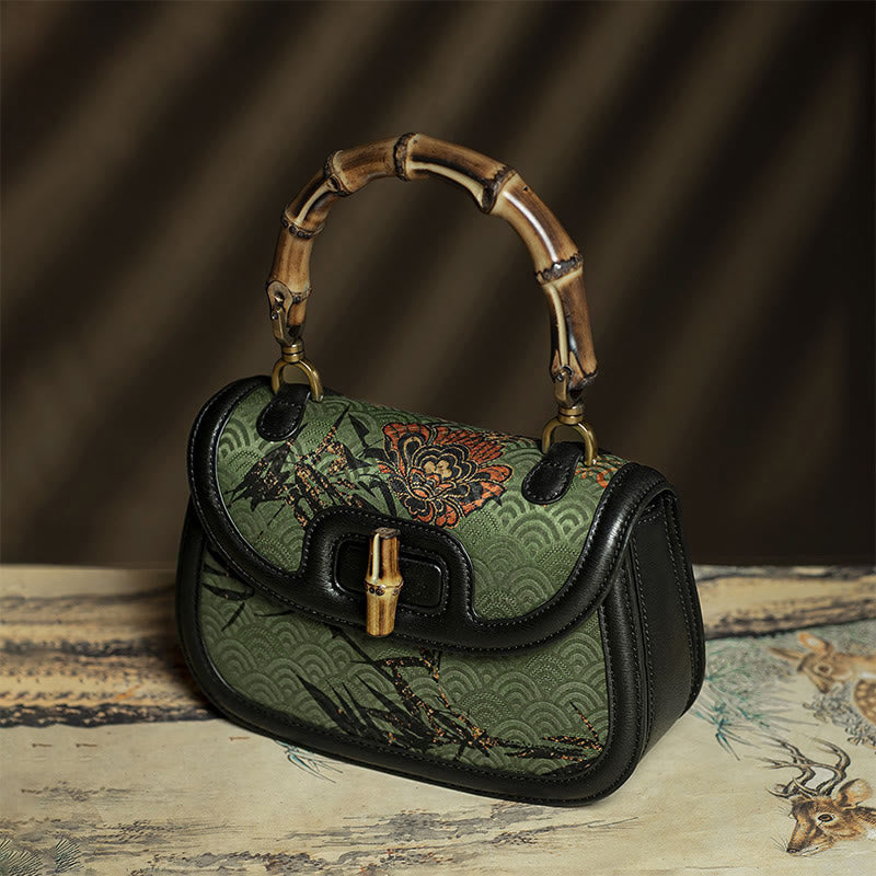 Bolso bandolera de seda Xiangyunsha con asa de bambú y flores Buddha Stones