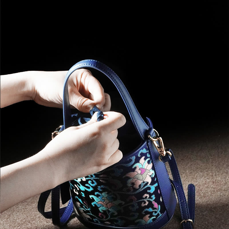 Bolso bandolera con brocado y ramas entrelazadas de loto retro y Buddha Stones