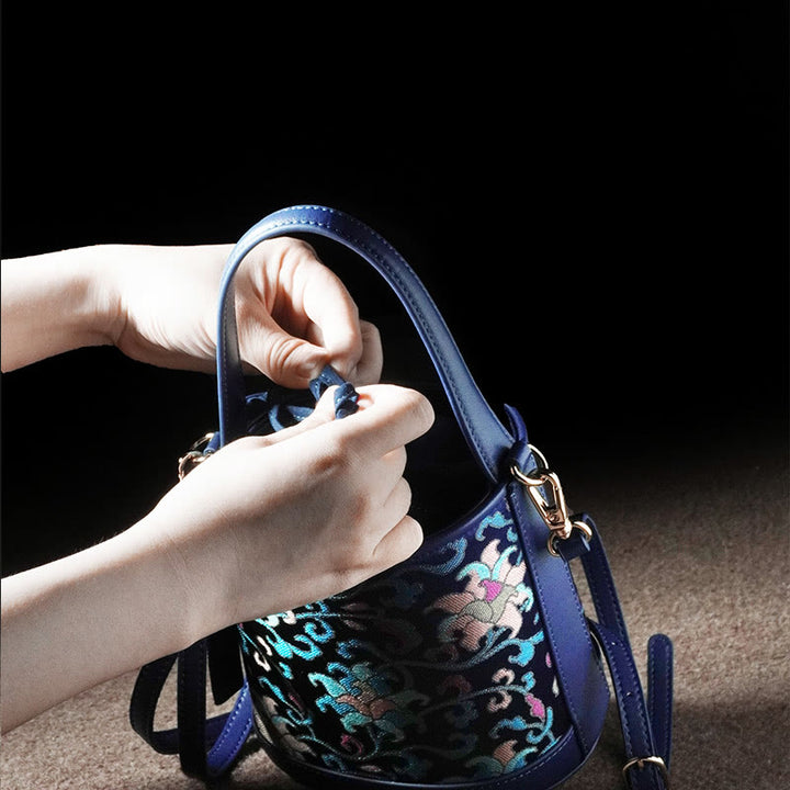 Bolso bandolera con brocado y ramas entrelazadas de loto retro y Buddha Stones