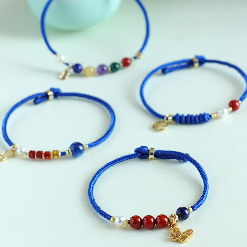 Pulsera con Buddha Stones, hilo azul Klein, ágata roja del sur, granate, aventurina azul, lazurita, lapislázuli, mariposa de cobre, carácter Fu positivo - image 14