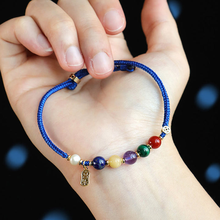 Pulsera con Buddha Stones, hilo azul Klein, ágata roja del sur, granate, aventurina azul, lazurita, lapislázuli, mariposa de cobre, carácter Fu positivo - image 10