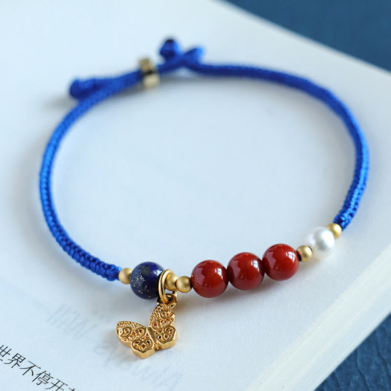 Pulsera con Buddha Stones, hilo azul Klein, ágata roja del sur, granate, aventurina azul, lazurita, lapislázuli, mariposa de cobre, carácter Fu positivo - image 3