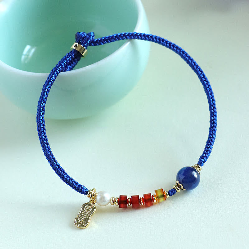 Pulsera con Buddha Stones, hilo azul Klein, ágata roja del sur, granate, aventurina azul, lazurita, lapislázuli, mariposa de cobre, carácter Fu positivo - image 13