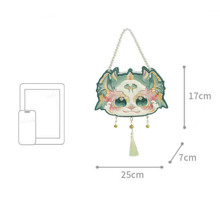 Bolso bandolera con borlas y cadena de perlas bordadas Bai Ze con bestia mítica de doble cara y Buddha Stones