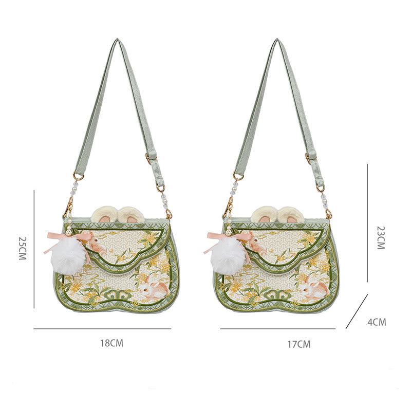 Bolso bandolera con borlas y cadena de bolas de pelo y perlas bordadas con conejo de osmanthus y Buddha Stones