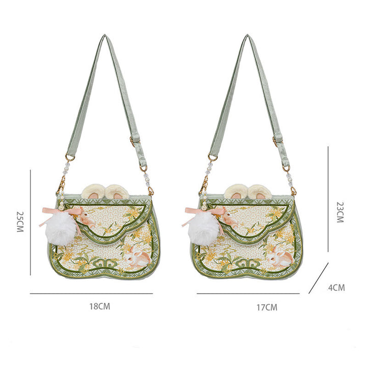 Bolso bandolera con borlas y cadena de bolas de pelo y perlas bordadas con conejo de osmanthus y Buddha Stones
