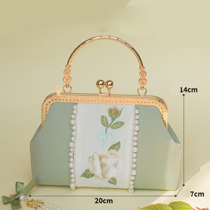 Bolso bandolera con cadena de metal y bordado de flores de doble cara con Buddha Stones y colgante de perlas
