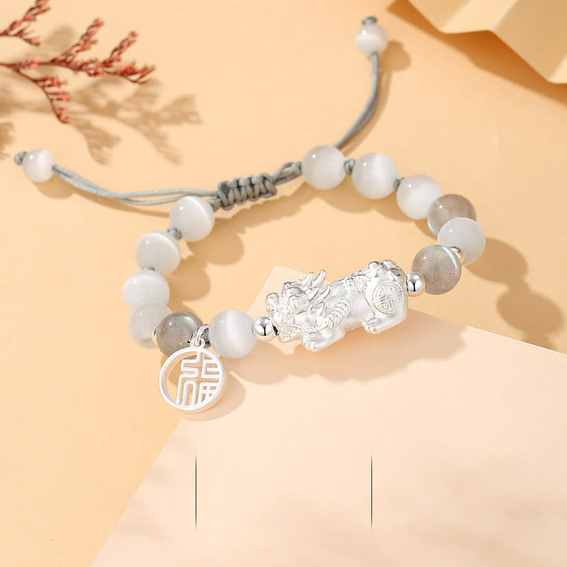 Pulsera de la suerte con seis palabras verdaderas y obsidiana negra y turquesa blanca y crisoberilo de plata de ley 999 con Buddha Stones Pi Xiu