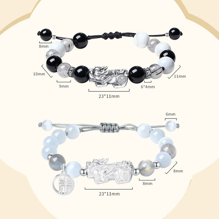 Pulsera de la suerte con seis palabras verdaderas y obsidiana negra y turquesa blanca y crisoberilo de plata de ley 999 con Buddha Stones Pi Xiu - 2 piezas - image 17