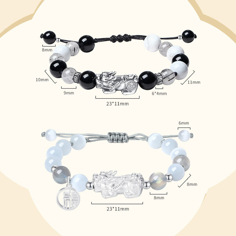 Pulsera de la suerte con seis palabras verdaderas y obsidiana negra y turquesa blanca y crisoberilo de plata de ley 999 con Buddha Stones Pi Xiu - 2 piezas - image 17