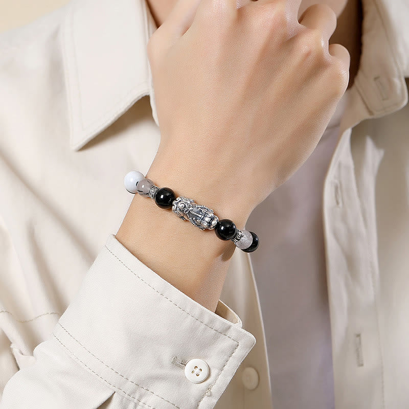 Pulsera de la suerte con seis palabras verdaderas y obsidiana negra y turquesa blanca y crisoberilo de plata de ley 999 con Buddha Stones Pi Xiu