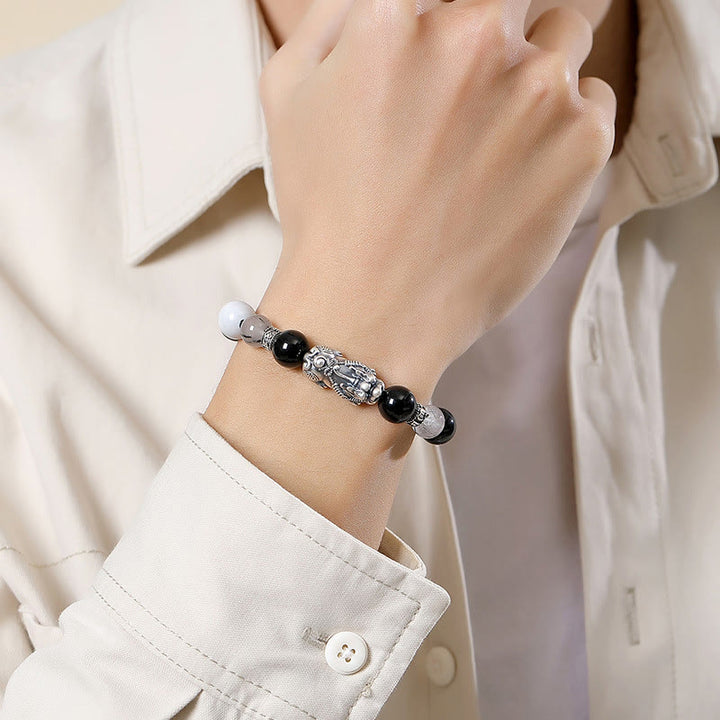 Pulsera de la suerte con seis palabras verdaderas y obsidiana negra y turquesa blanca y crisoberilo de plata de ley 999 con Buddha Stones Pi Xiu