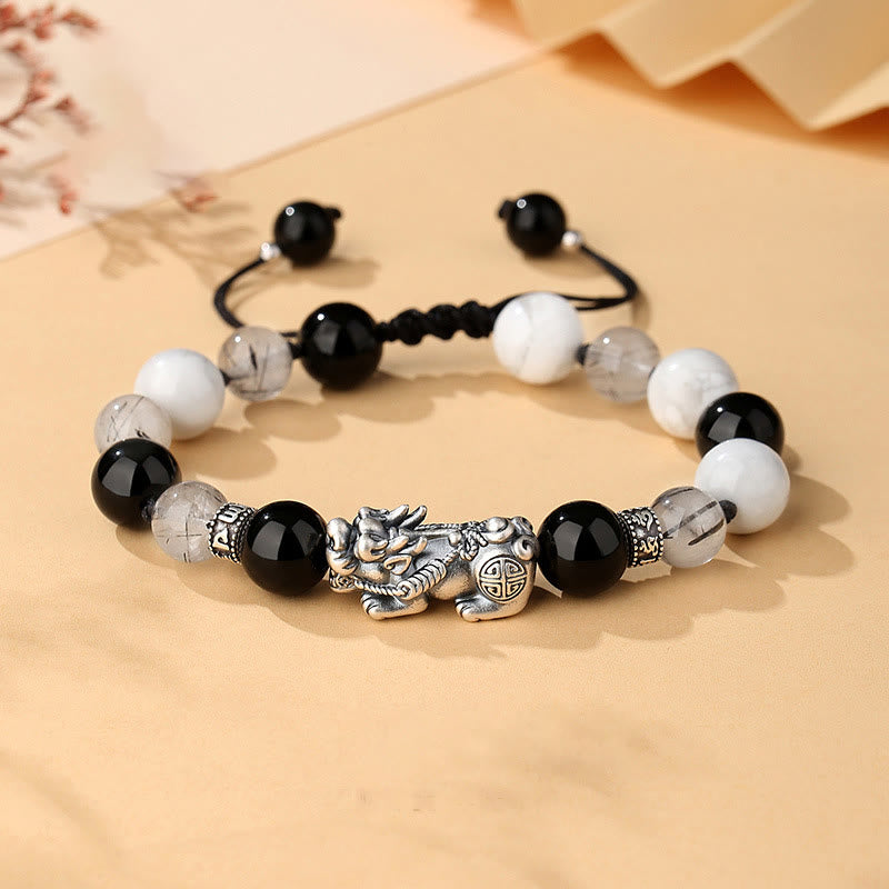 Pulsera de la suerte con seis palabras verdaderas y obsidiana negra y turquesa blanca y crisoberilo de plata de ley 999 con Buddha Stones Pi Xiu - Plata de ley 999, obsidiana negra, turquesa blanca, cuarzo rutilado negro (circunferencia de la muñeca: 20-25 cm) - image 0
