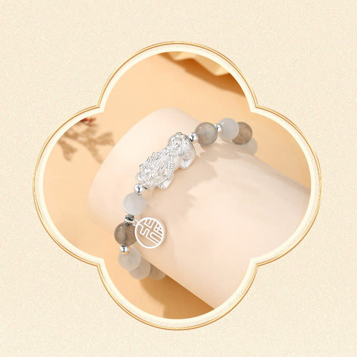 Pulsera de la suerte con seis palabras verdaderas y obsidiana negra y turquesa blanca y crisoberilo de plata de ley 999 con Buddha Stones Pi Xiu