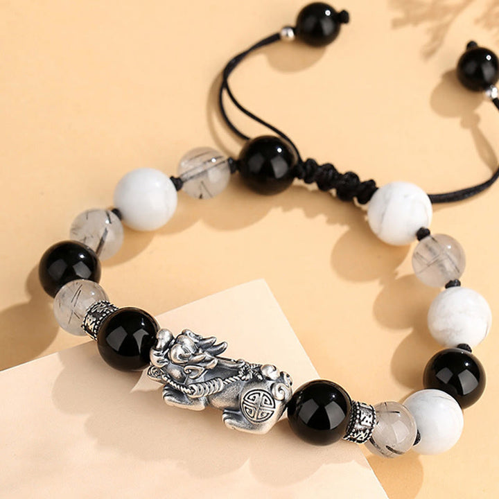 Pulsera de la suerte con seis palabras verdaderas y obsidiana negra y turquesa blanca y crisoberilo de plata de ley 999 con Buddha Stones Pi Xiu