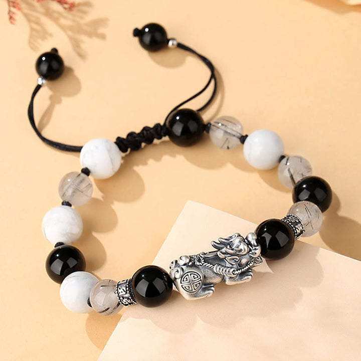 Pulsera de la suerte con seis palabras verdaderas y obsidiana negra y turquesa blanca y crisoberilo de plata de ley 999 con Buddha Stones Pi Xiu