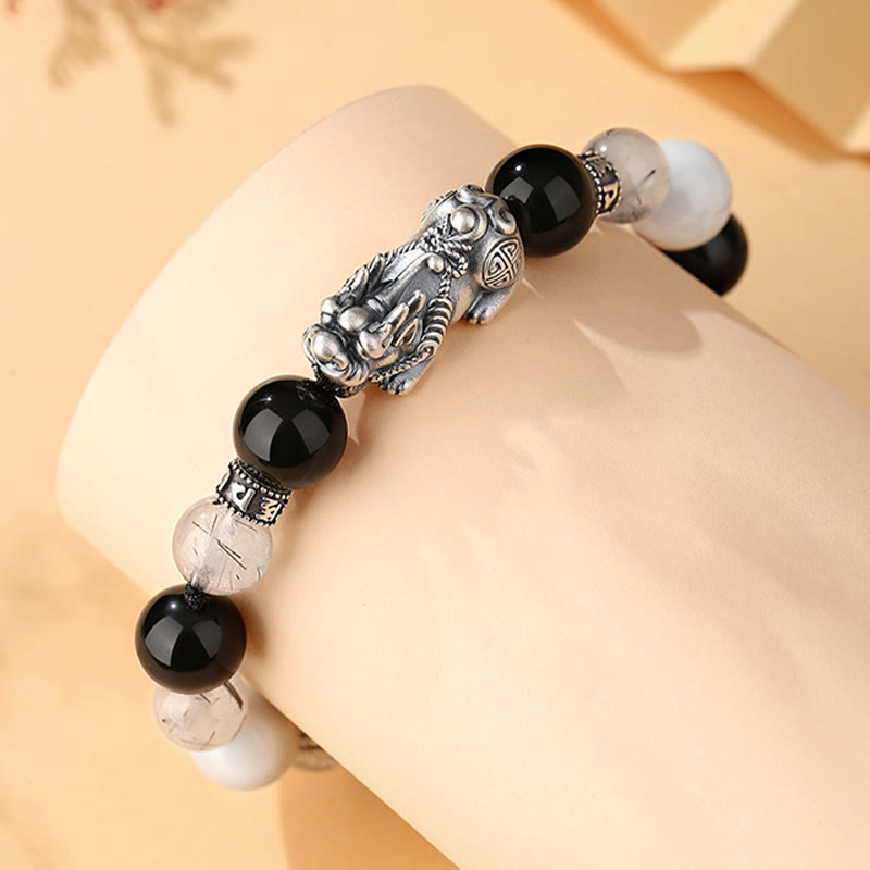 Pulsera de la suerte con seis palabras verdaderas y obsidiana negra y turquesa blanca y crisoberilo de plata de ley 999 con Buddha Stones Pi Xiu