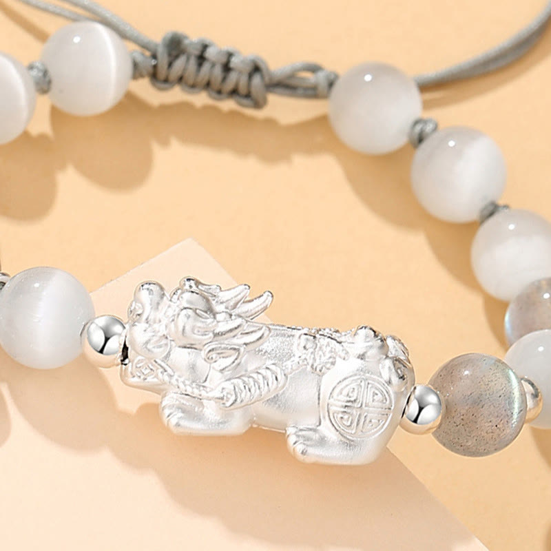 Pulsera de la suerte con seis palabras verdaderas y obsidiana negra y turquesa blanca y crisoberilo de plata de ley 999 con Buddha Stones Pi Xiu