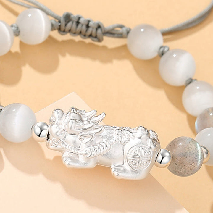 Pulsera de la suerte con seis palabras verdaderas y obsidiana negra y turquesa blanca y crisoberilo de plata de ley 999 con Buddha Stones Pi Xiu
