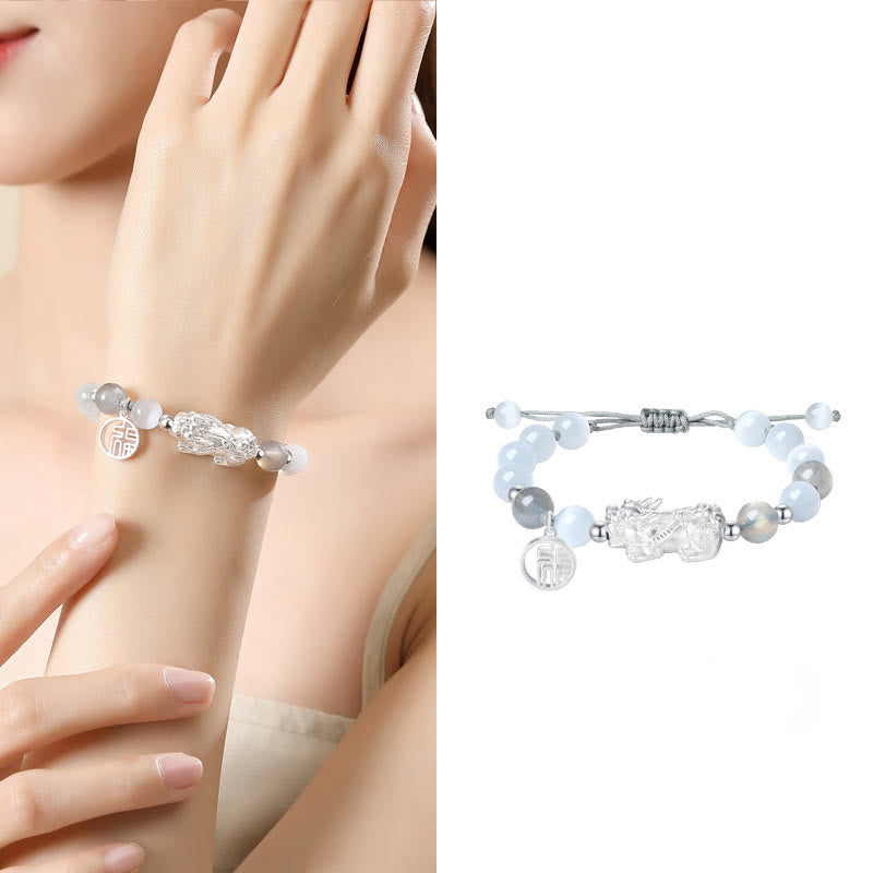 Pulsera de la suerte con seis palabras verdaderas y obsidiana negra y turquesa blanca y crisoberilo de plata de ley 999 con Buddha Stones Pi Xiu