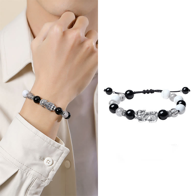 Pulsera de la suerte con seis palabras verdaderas y obsidiana negra y turquesa blanca y crisoberilo de plata de ley 999 con Buddha Stones Pi Xiu
