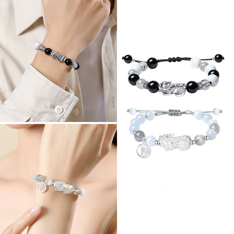 Pulsera de la suerte con seis palabras verdaderas y obsidiana negra y turquesa blanca y crisoberilo de plata de ley 999 con Buddha Stones Pi Xiu