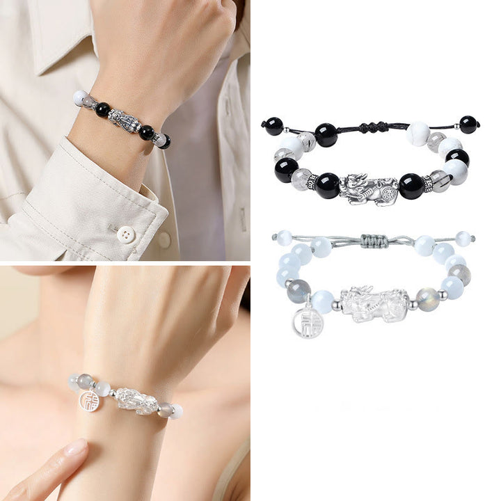Pulsera de la suerte con seis palabras verdaderas y obsidiana negra y turquesa blanca y crisoberilo de plata de ley 999 con Buddha Stones Pi Xiu