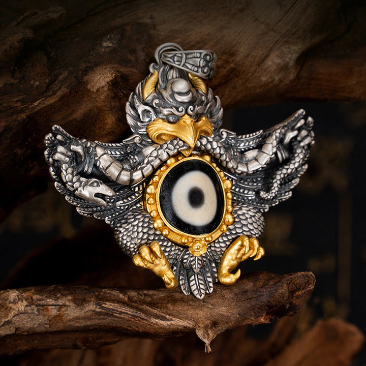 Collar con colgante de Buddha Stones de plata de ley 925 con cuentas de Dzi tibetanas y pájaro Garuda
